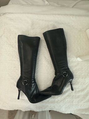 Classic Black Leather Knee-High Heeled Boots